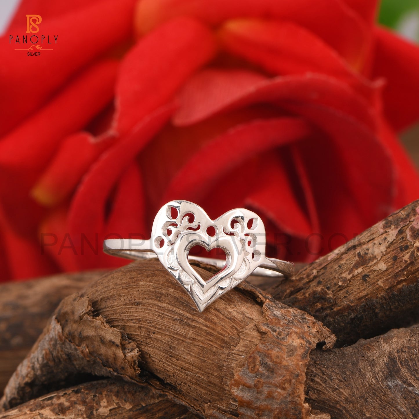 Sterling Silver Heart Ring with Filigree Design, Dainty Promise Ring