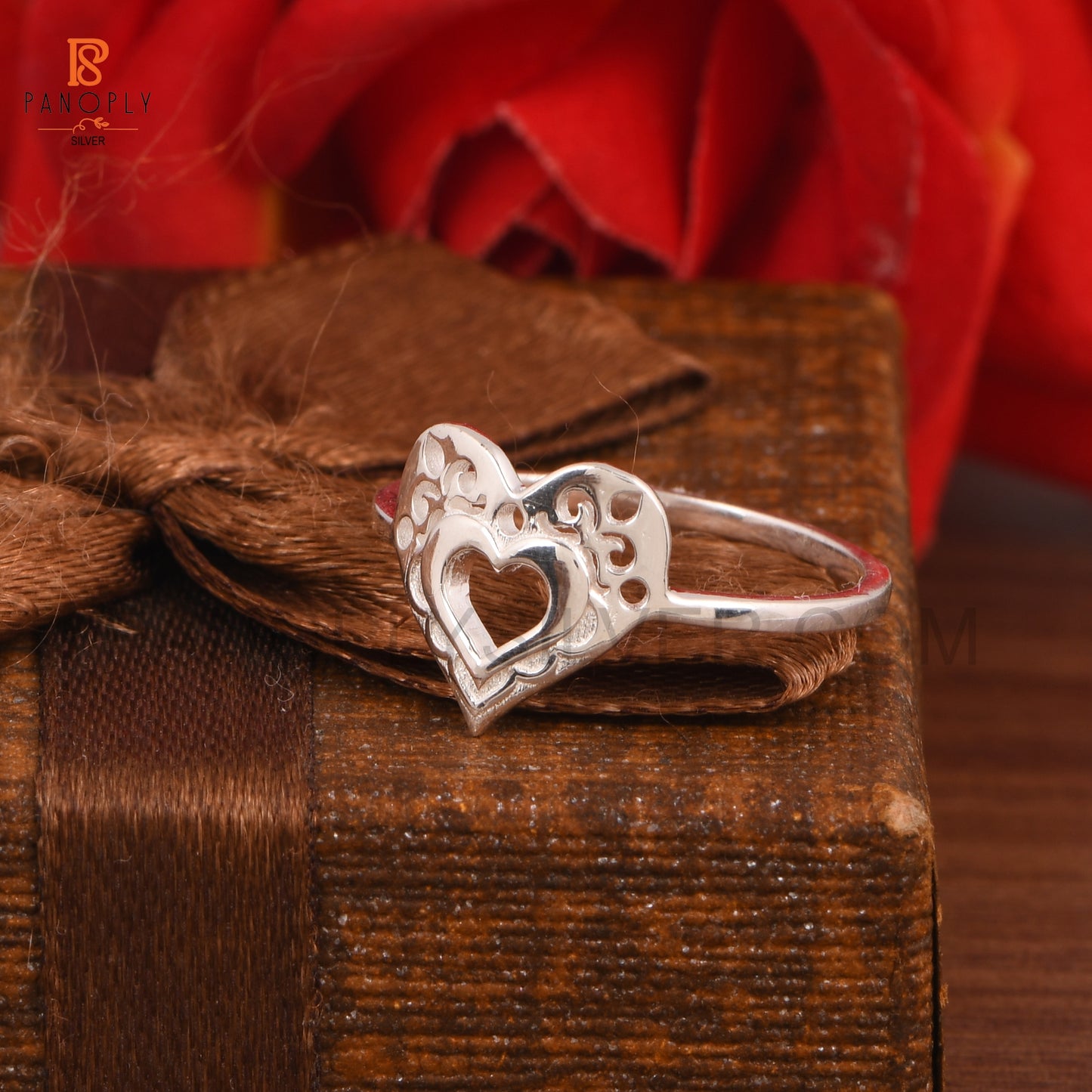 Sterling Silver Heart Ring with Filigree Design, Dainty Promise Ring