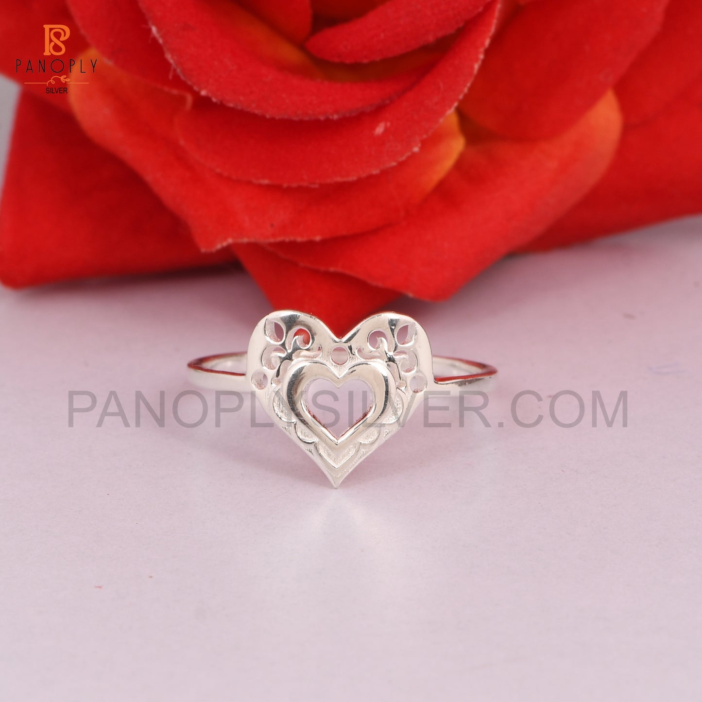 Sterling Silver Heart Ring with Filigree Design, Dainty Promise Ring