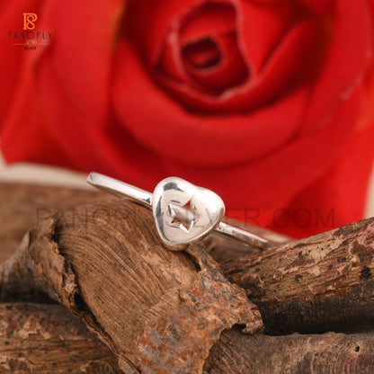 Sterling Silver Heart Ring with Star Design, Dainty Band