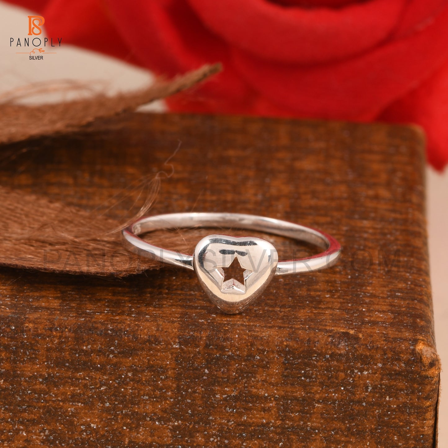 Sterling Silver Heart Ring with Star Design, Dainty Band