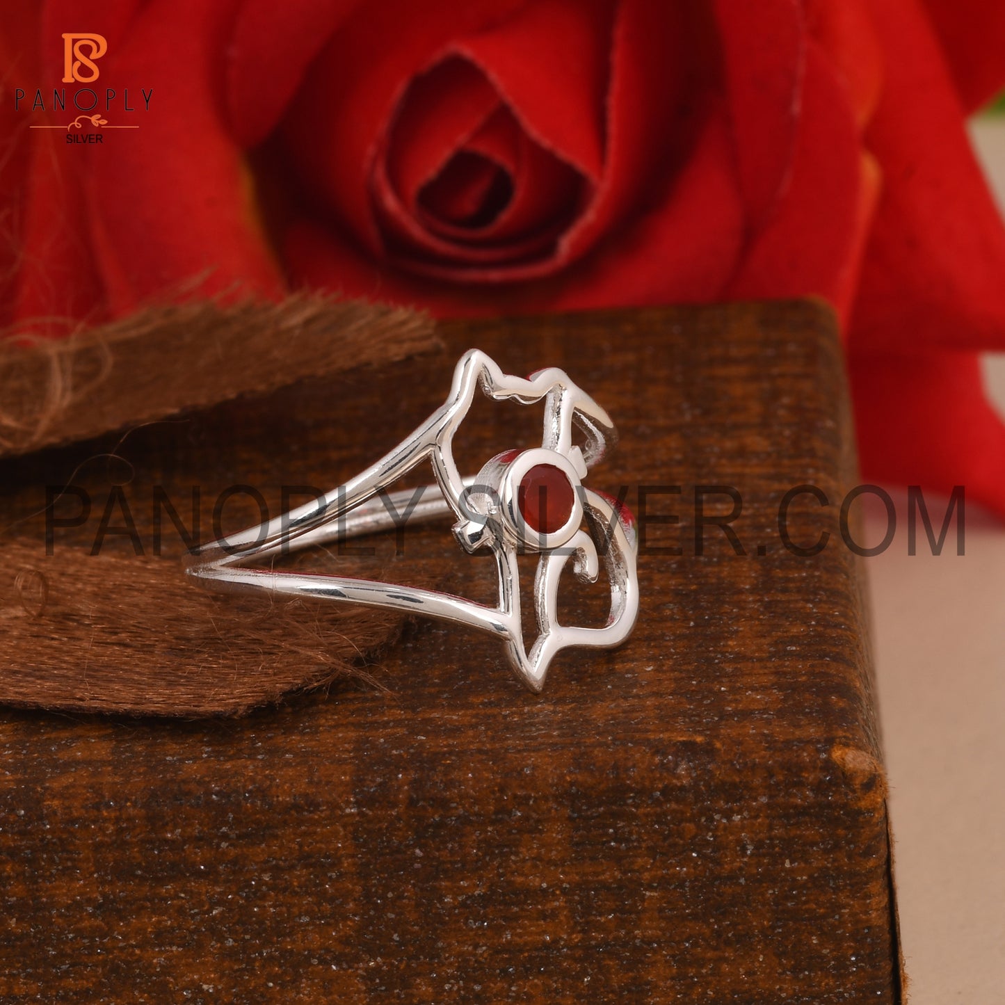 Cute Cat Jewelry 925 Sterling Silver Red Onyx Ring