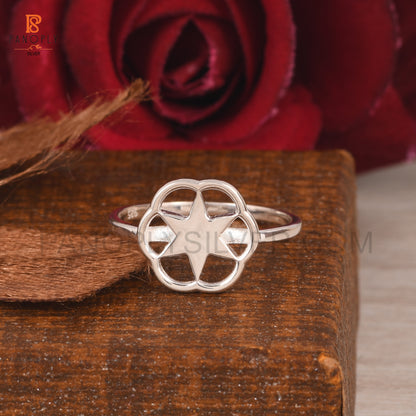 Silver Star Ring with Flower Design, Dainty Statement Ring