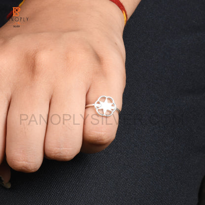 Silver Star Ring with Flower Design, Dainty Statement Ring