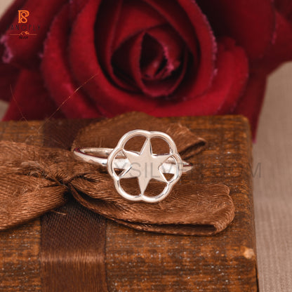 Silver Star Ring with Flower Design, Dainty Statement Ring