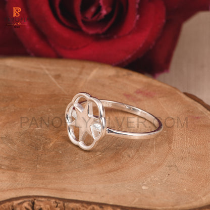 Silver Star Ring with Flower Design, Dainty Statement Ring