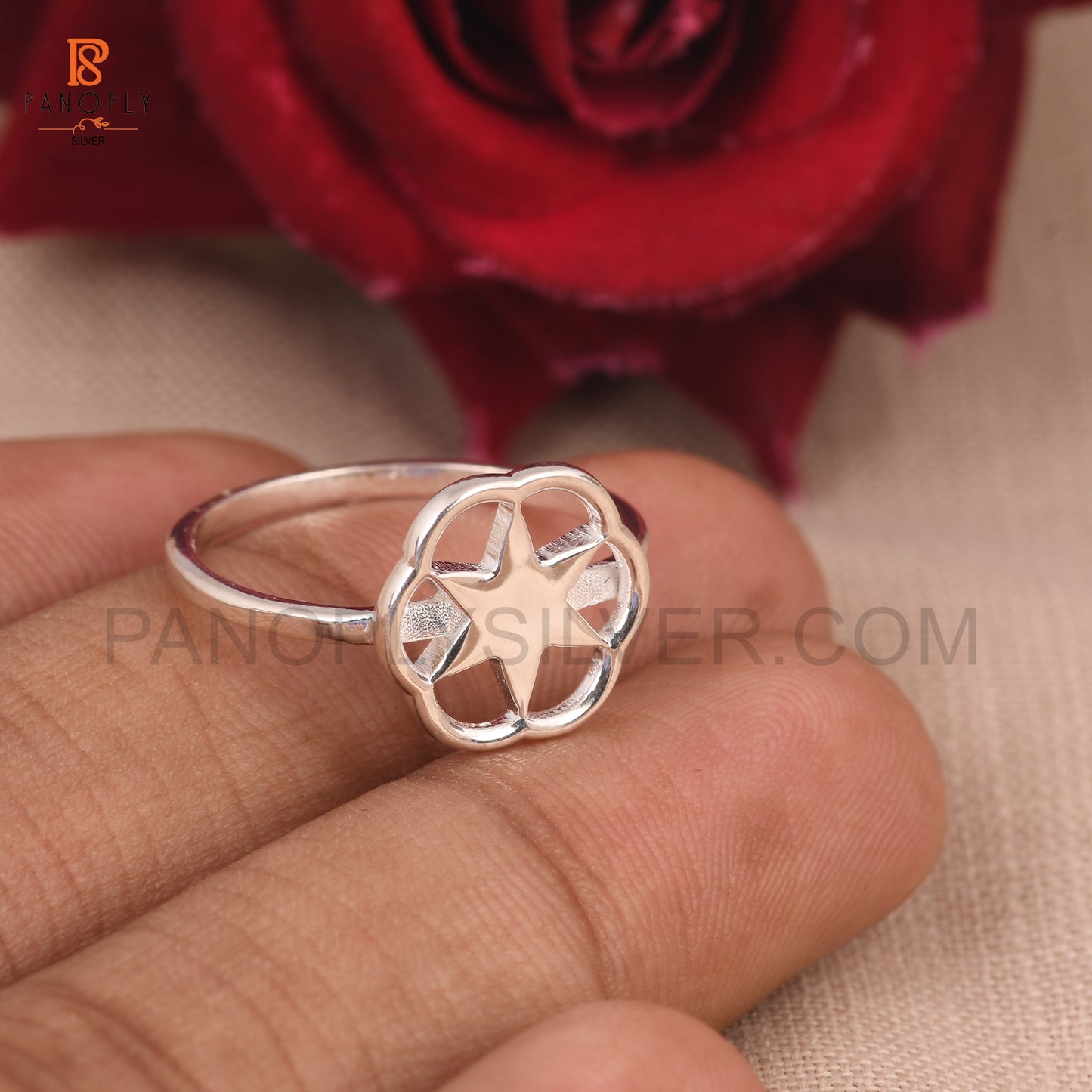 Silver Star Ring with Flower Design, Dainty Statement Ring