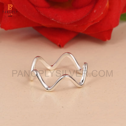 Silver Wave Ring, Zigzag Pattern Jewelry For Women