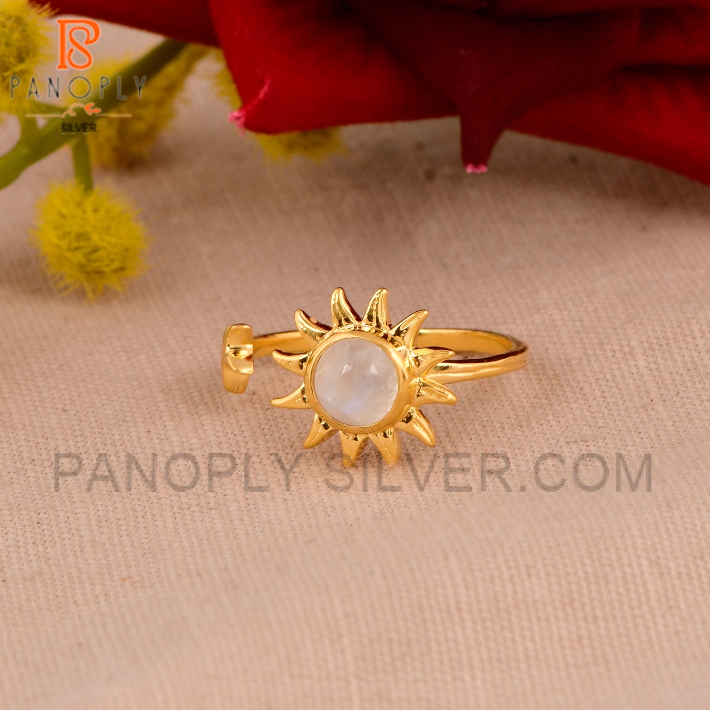 Gold Sun Ring with Rainbow Moonstone 18k Gold Plated Ring