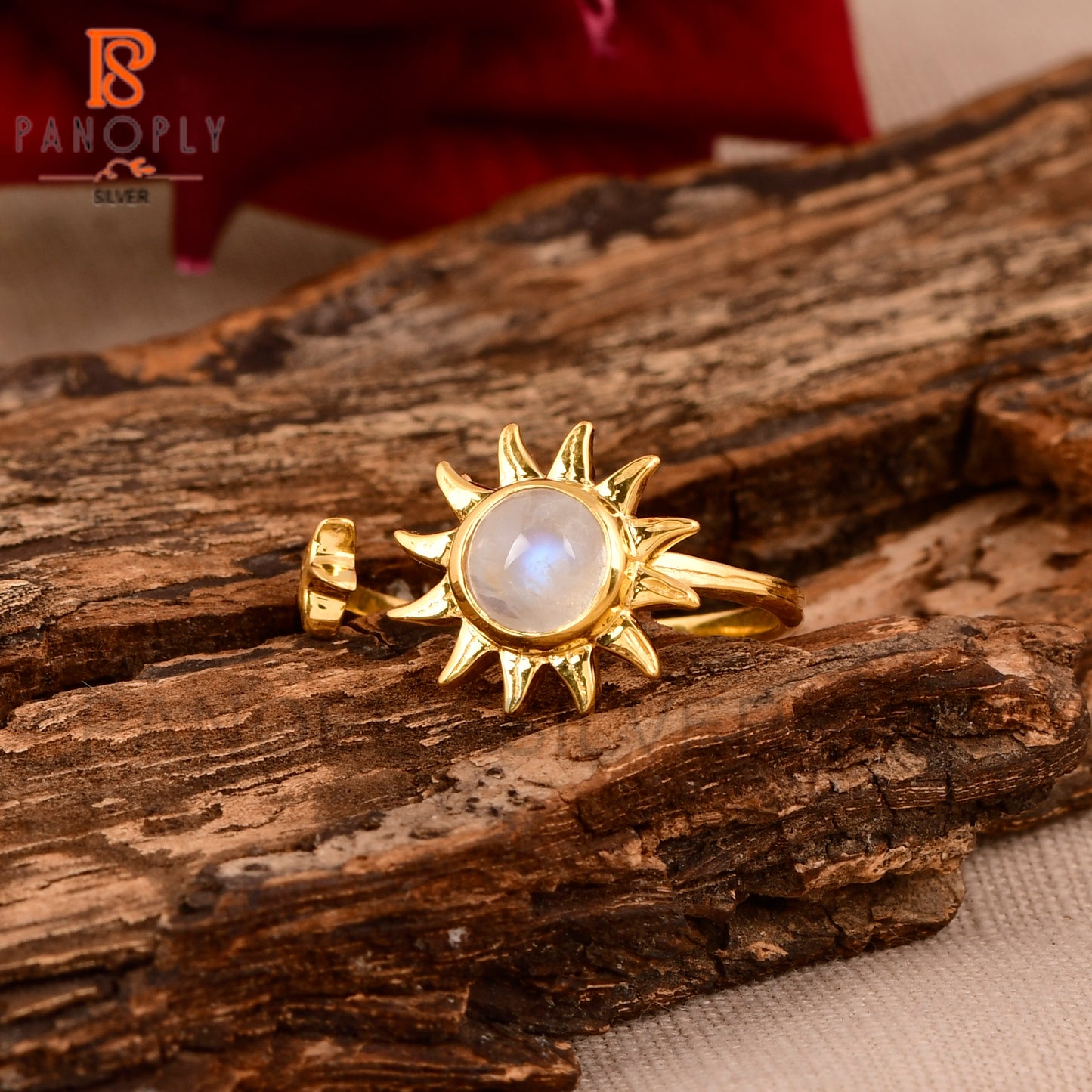 Gold Sun Ring with Rainbow Moonstone 18k Gold Plated Ring