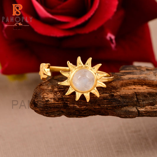 Gold Sun Ring with Rainbow Moonstone 18k Gold Plated Ring