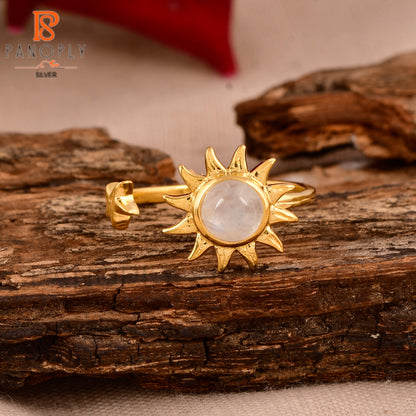 Gold Sun Ring with Rainbow Moonstone 18k Gold Plated Ring