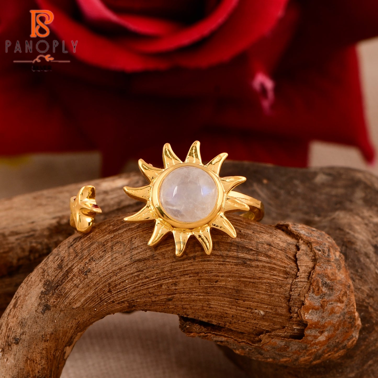 Gold Sun Ring with Rainbow Moonstone 18k Gold Plated Ring