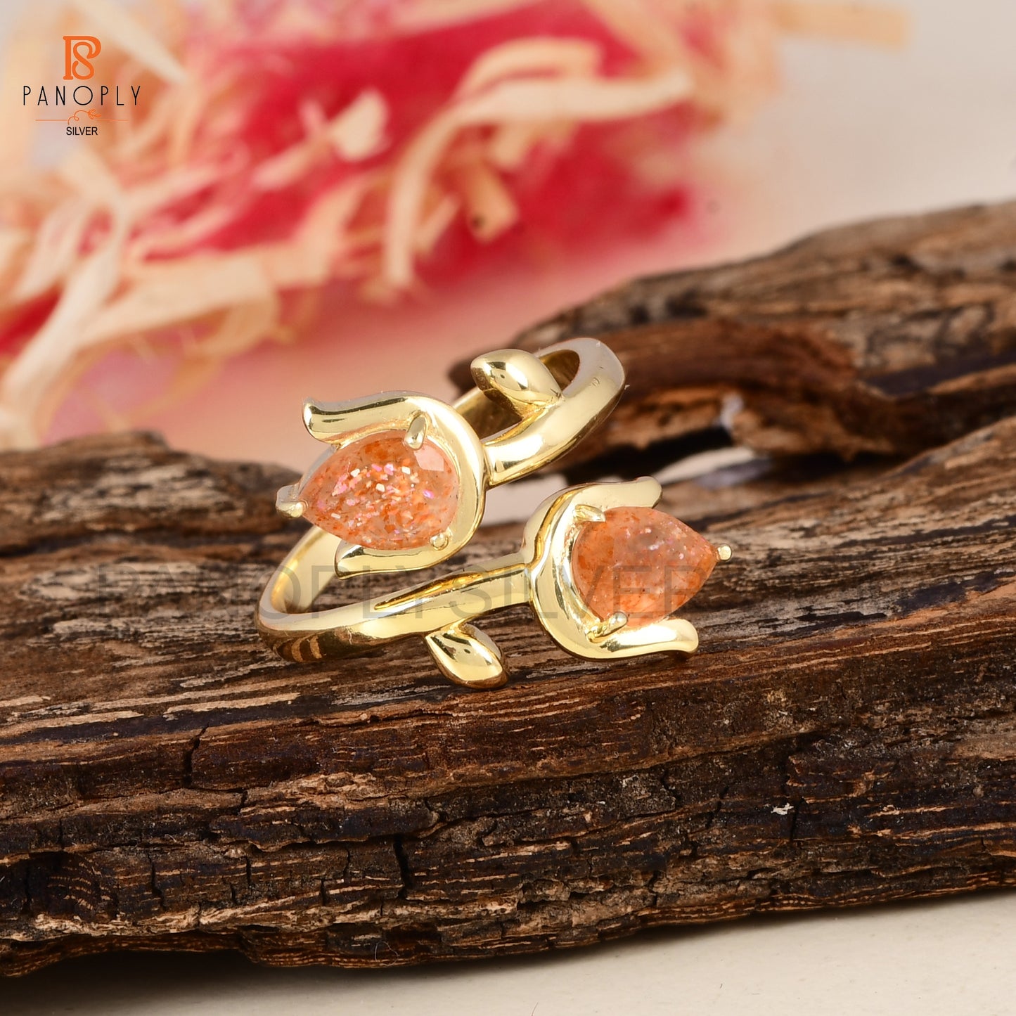 Sun Stone Natural Leaf Pear-Shaped 925 Silver Gold Plated Rings