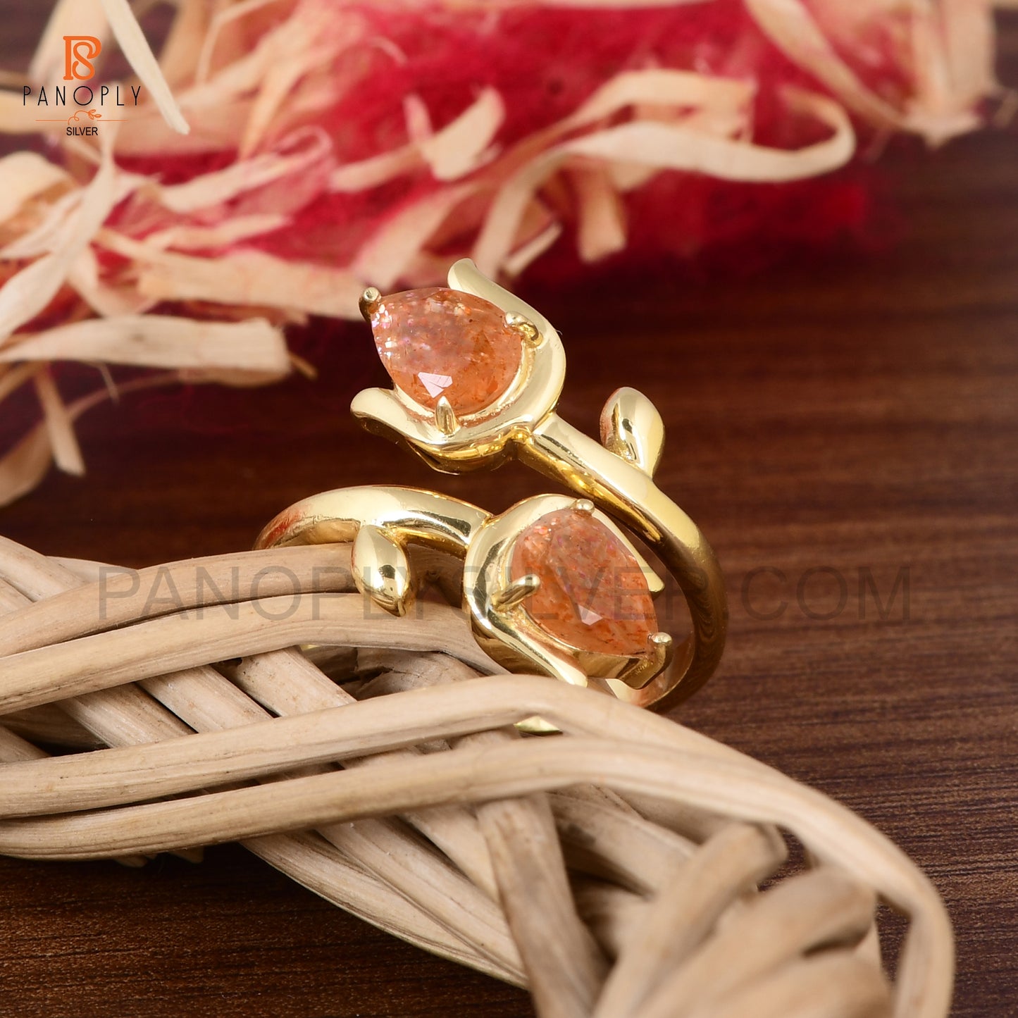 Sun Stone Natural Leaf Pear-Shaped 925 Silver Gold Plated Rings