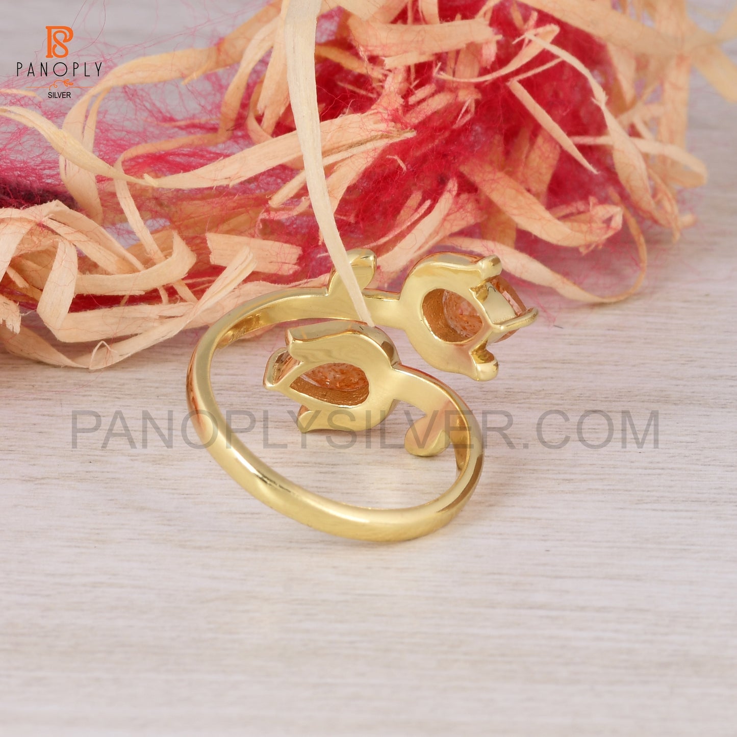 Sun Stone Natural Leaf Pear-Shaped 925 Silver Gold Plated Rings