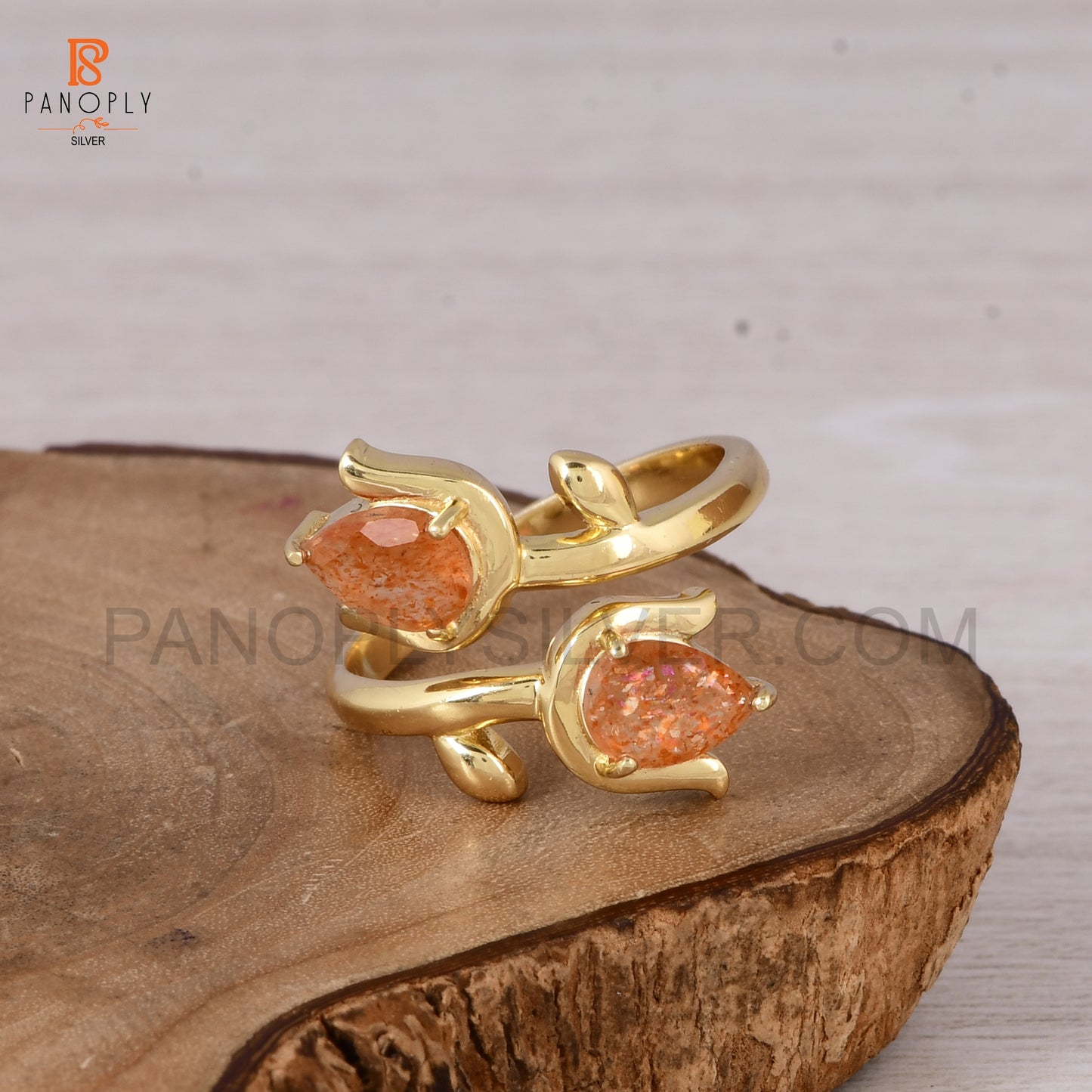 Sun Stone Natural Leaf Pear-Shaped 925 Silver Gold Plated Rings