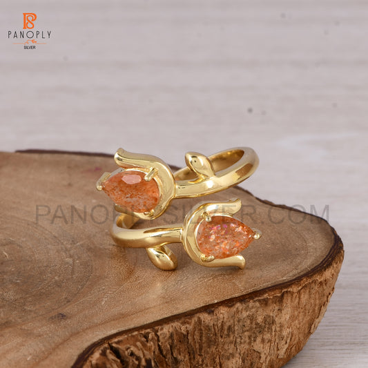 Sun Stone Natural Leaf Pear-Shaped 925 Silver Gold Plated Rings