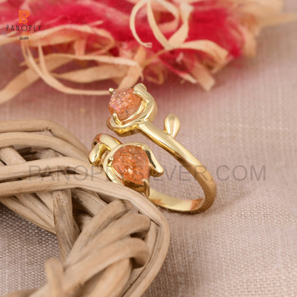 Sun Stone Natural Leaf Pear-Shaped 925 Silver Gold Plated Rings