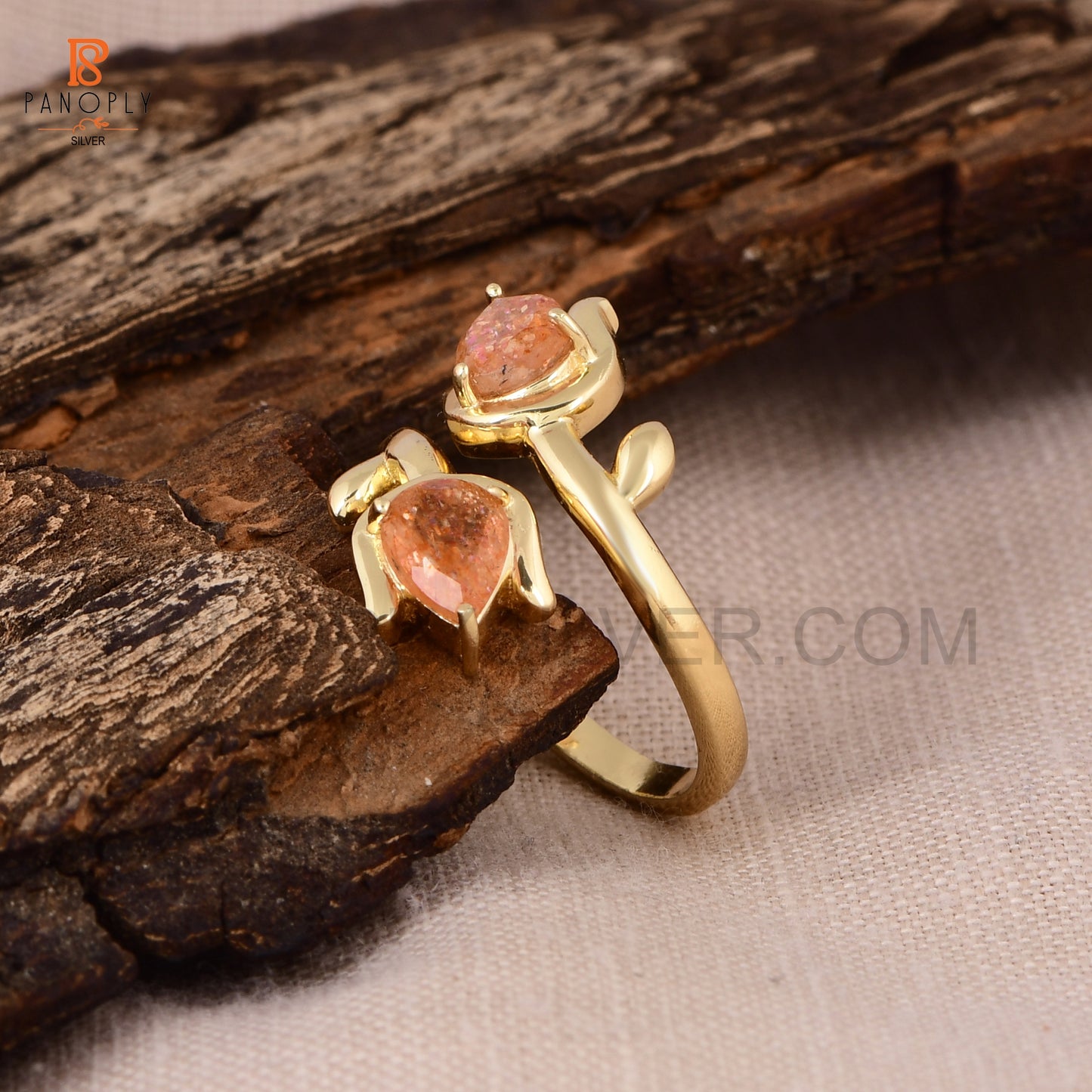 Sun Stone Natural Leaf Pear-Shaped 925 Silver Gold Plated Rings