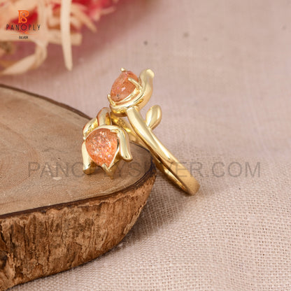 Sun Stone Natural Leaf Pear-Shaped 925 Silver Gold Plated Rings