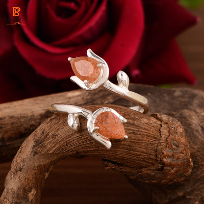 Sun Stone Natural Leaf Pear-Shaped Gemstone Adjustable Rings