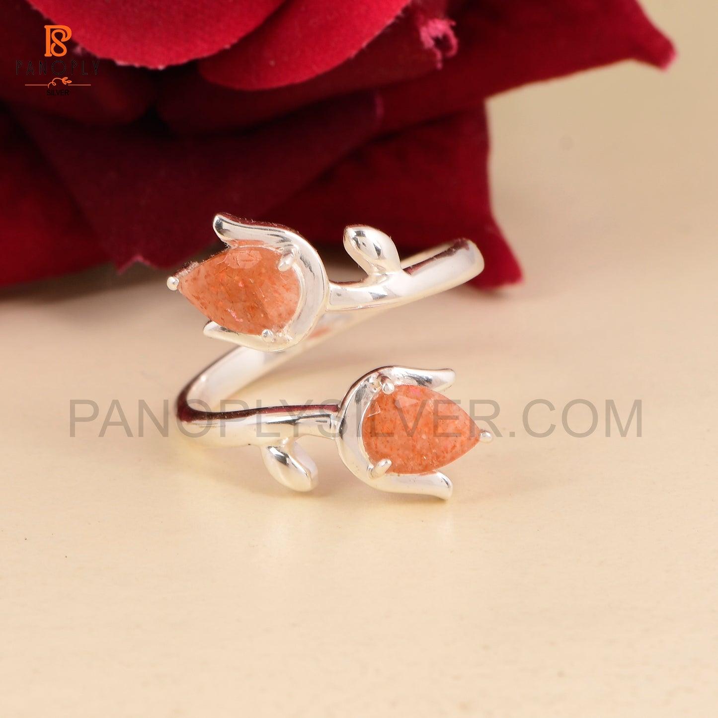 Sun Stone Natural Leaf Pear-Shaped Gemstone Adjustable Rings