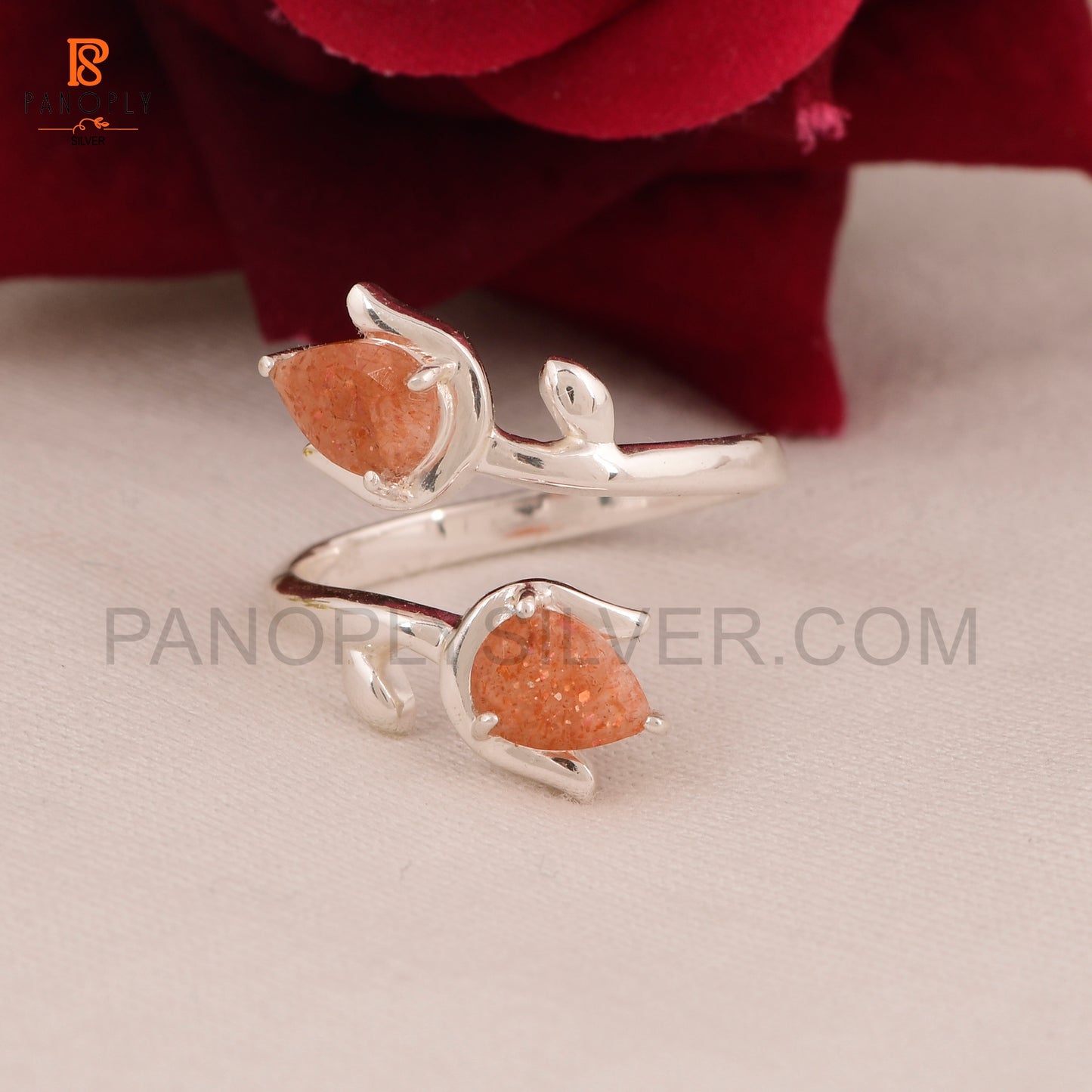 Sun Stone Natural Leaf Pear-Shaped Gemstone Adjustable Rings