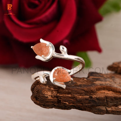 Sun Stone Natural Leaf Pear-Shaped Gemstone Adjustable Rings