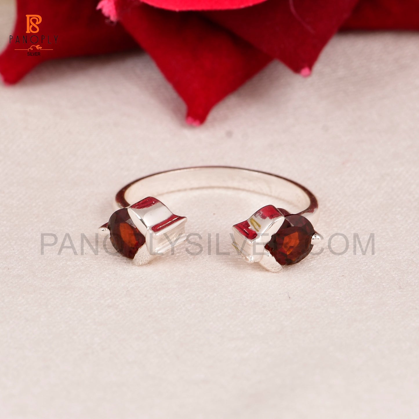 Ladybug Red Garnet Stone Prong Set Adjustable Rings