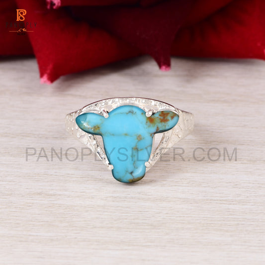 Handcrafted 925 Silver Cow Head Ring with Kingman Turquoise Jewelry