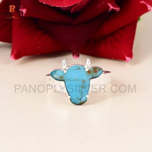 Handcrafted 925 Sterling Silver Cow Head Ring with Kingman Turquoise