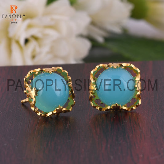 Aqua Chalcedony Filigree Band 925 18k Gold Plated Earrings