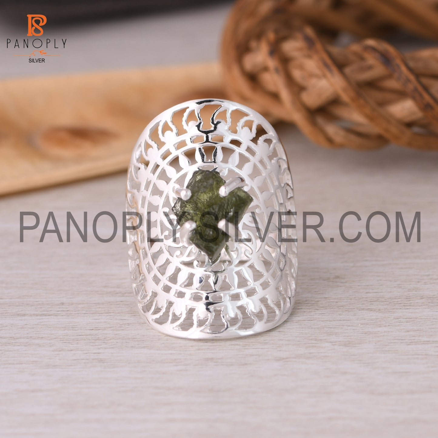 Raw Moldavite Rings, 925 Sterling Silver Mandala Ring