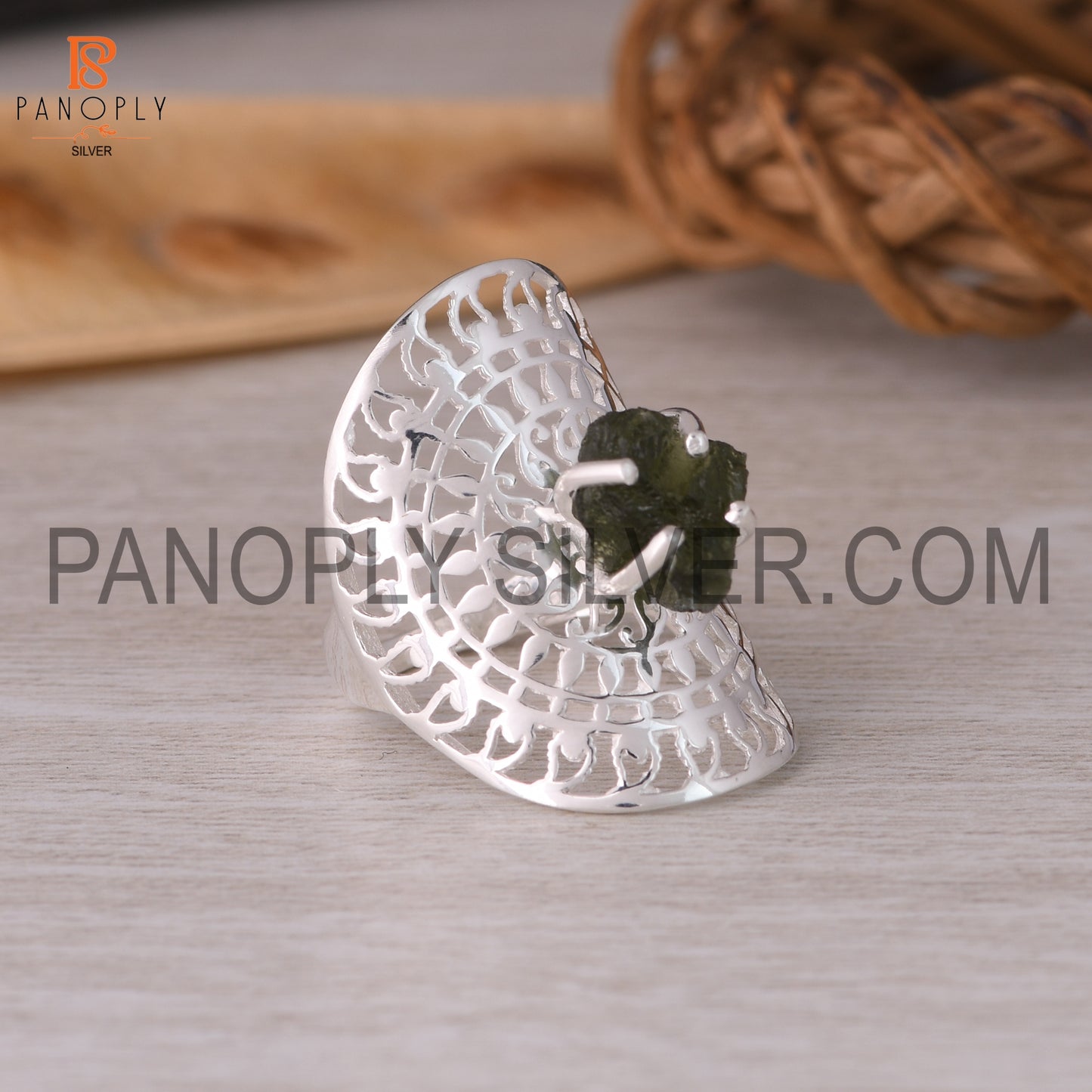 Raw Moldavite Rings, 925 Sterling Silver Mandala Ring