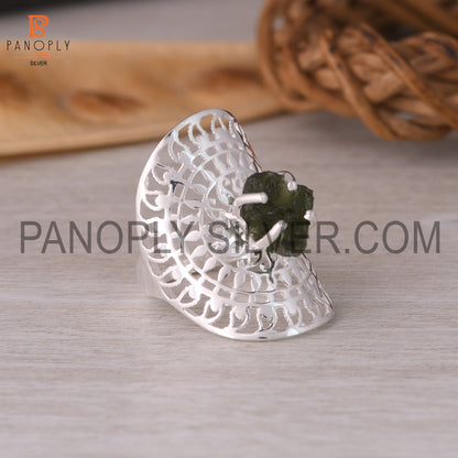 Raw Moldavite Rings, 925 Sterling Silver Mandala Ring