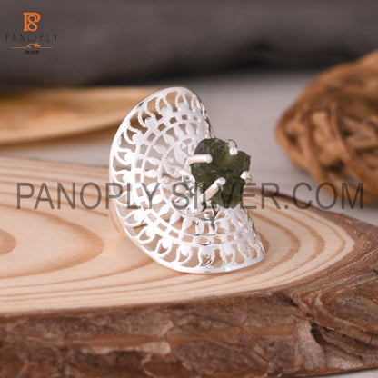 Raw Moldavite Rings, 925 Sterling Silver Mandala Ring