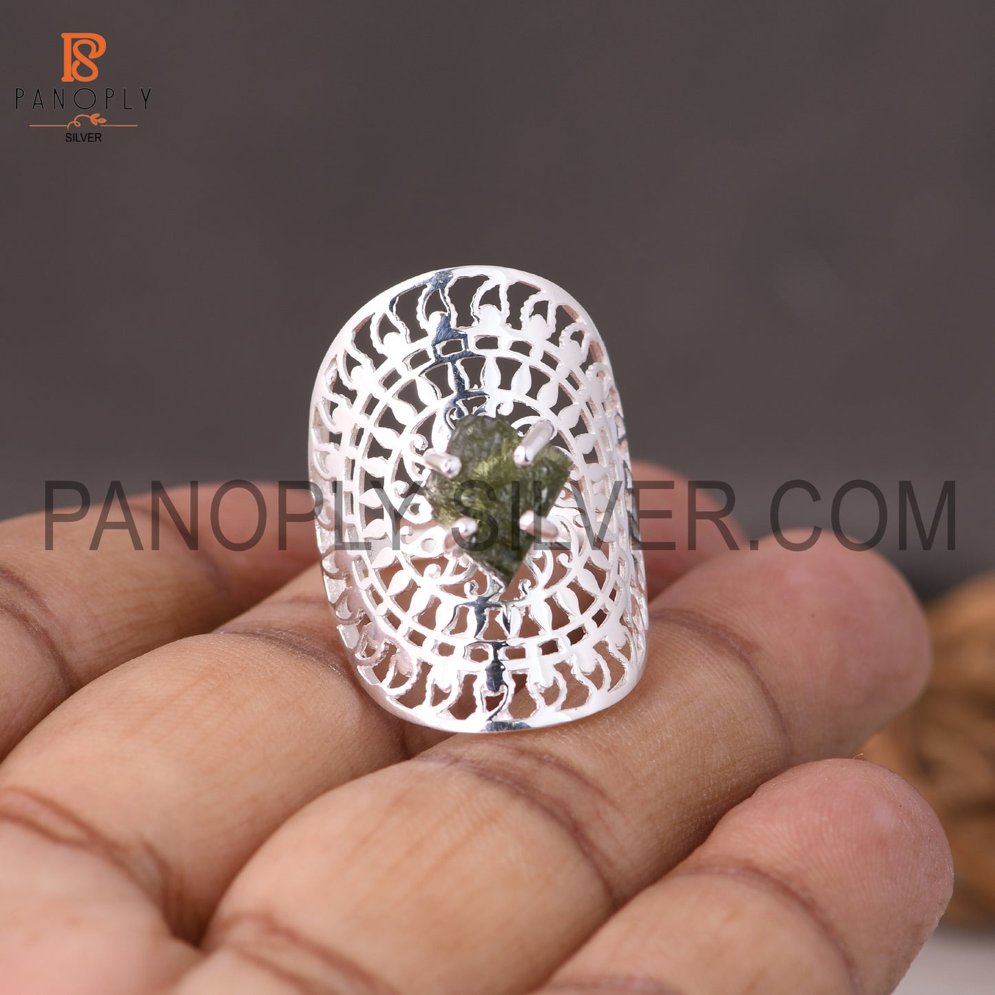 Raw Moldavite Rings, 925 Sterling Silver Mandala Ring