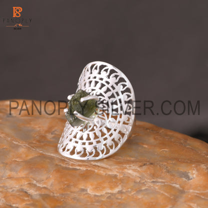 Raw Moldavite Rings, 925 Sterling Silver Mandala Ring