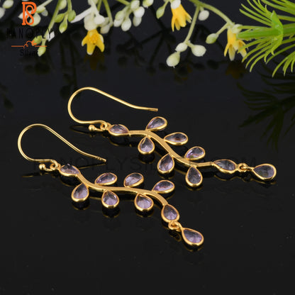 925 Quality Finding Amethyst Gold Leaf Dangle Earrings