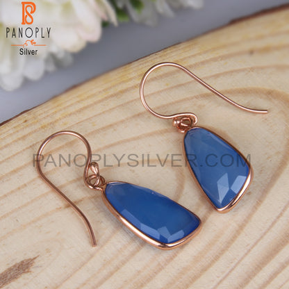 Checker Cut Blue Chalcedony Rose Gold Plating Earrings