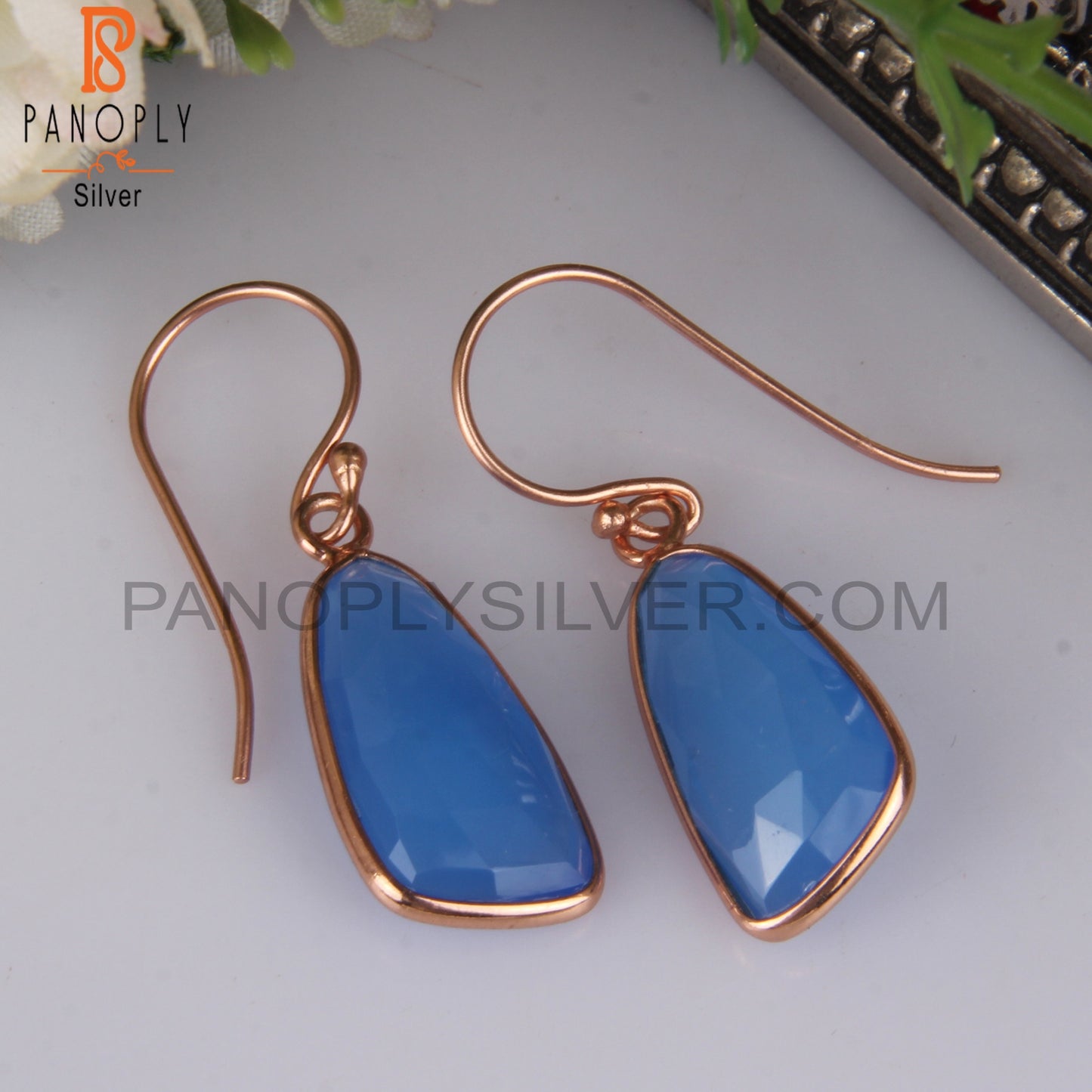 Checker Cut Blue Chalcedony Rose Gold Plating Earrings