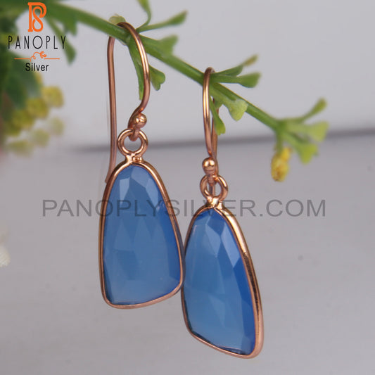 Checker Cut Blue Chalcedony Rose Gold Plating Earrings