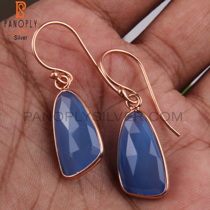 Checker Cut Blue Chalcedony Rose Gold Plating Earrings