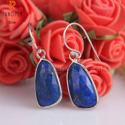 White Rhodium Plating Lapis Checker Set Earwire Earrings