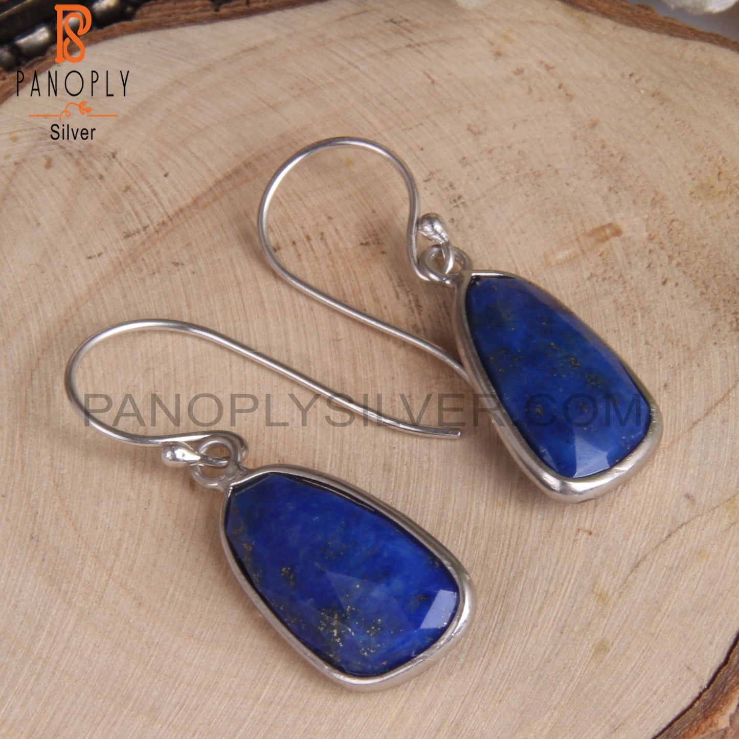 White Rhodium Plating Lapis Checker Set Earwire Earrings