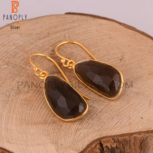 Natural Smoky Quartz Hook Earrings With Gold Plated Jewelry