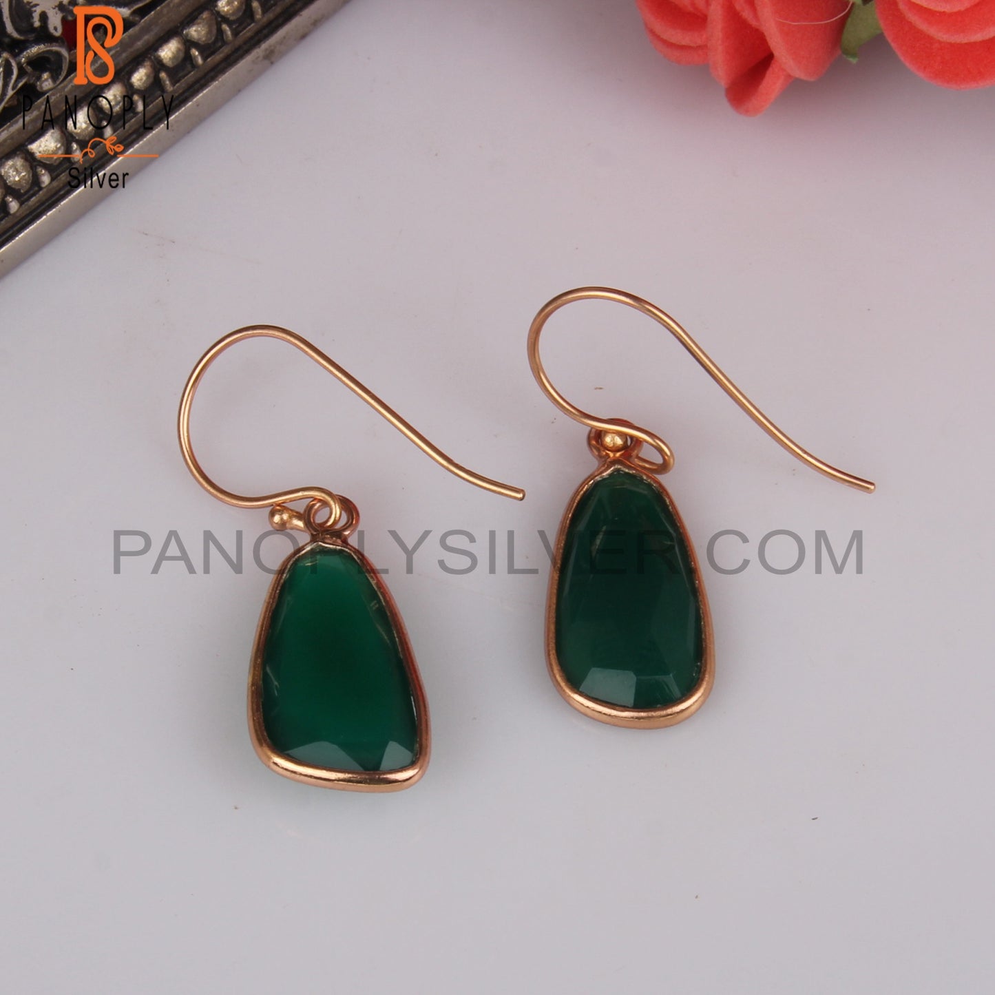 925 Quality Green Onyx Rose Gold Plated Casual Earwire Earrings