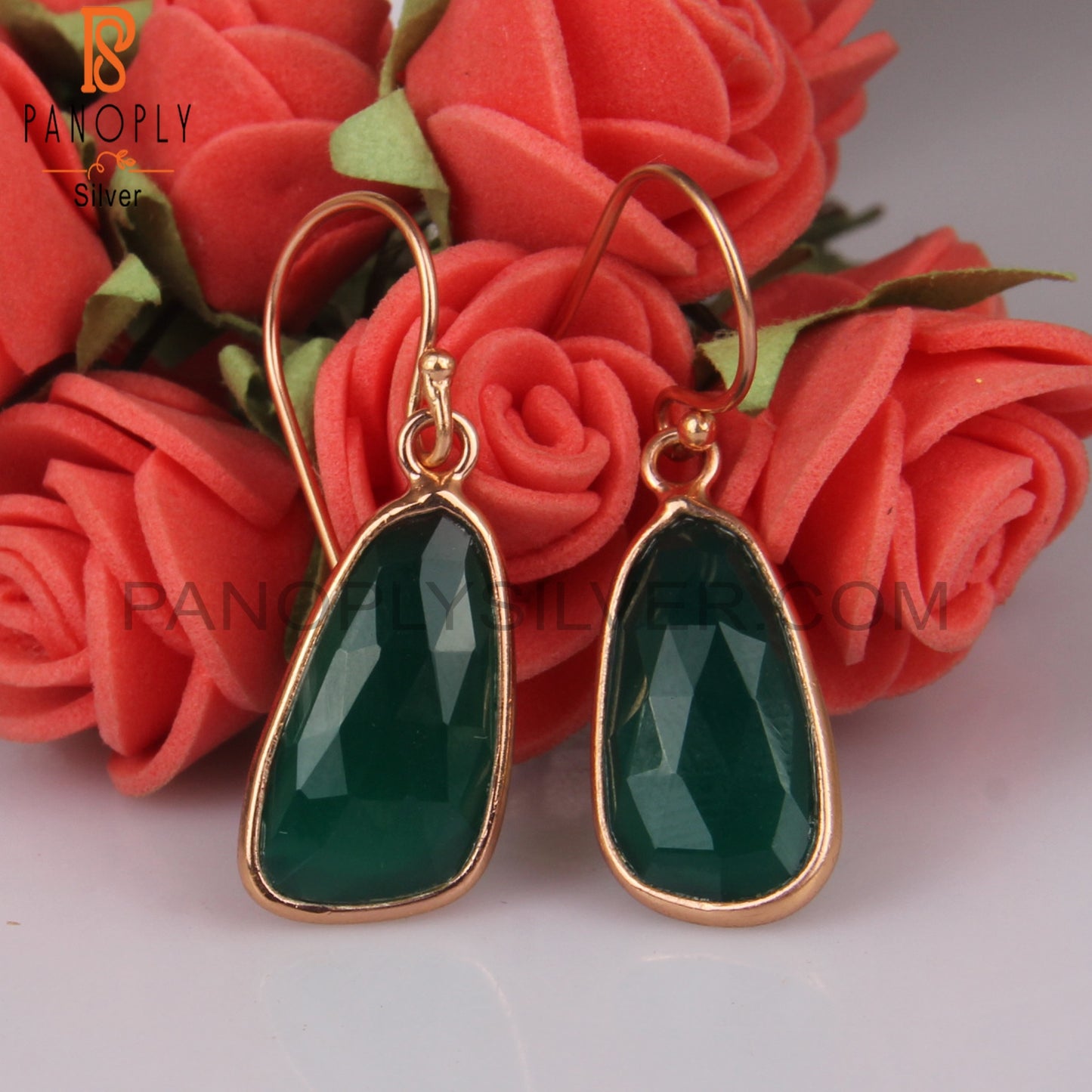 925 Quality Green Onyx Rose Gold Plated Casual Earwire Earrings