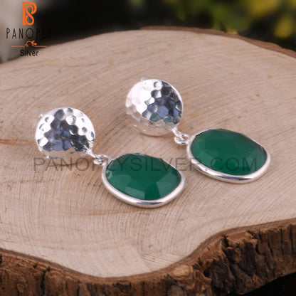 Green Onyx 925 Silver Hammered Disc Earrings